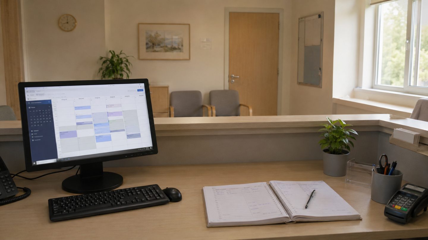 A practice reception desk: a monitor showing the day's appointments, a paper diary open beside it, morning light from the window.