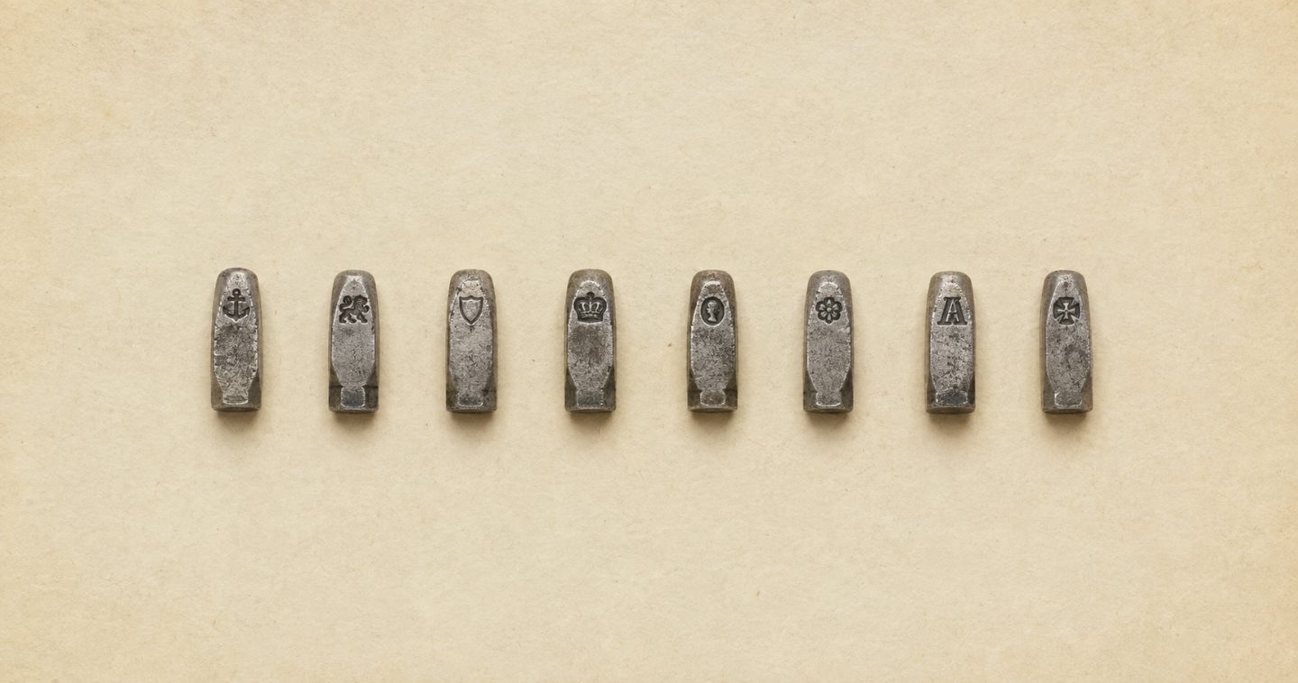 Eight silver hallmark punches laid in a row on aged paper, each with a different mark on its face.